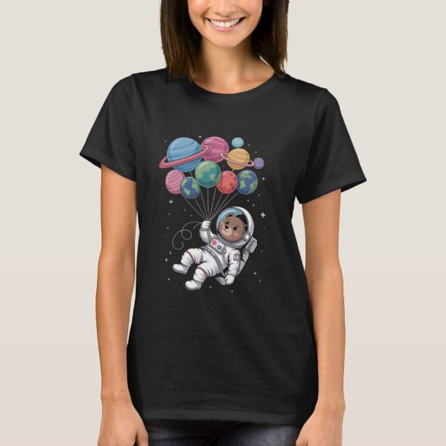 Womens Astronaut Bear Holding Planet Balloons Oute T-Shirt (Vorderseite)