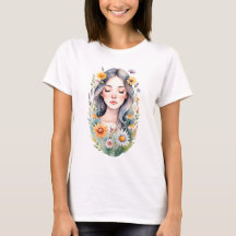 Womens Basic T - Shirt Ein Mädchen mit Blume in ih
