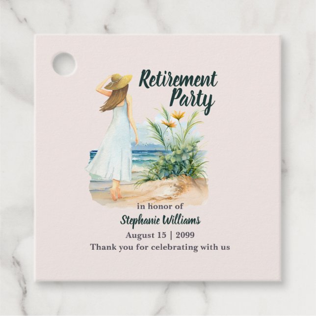 Womens Beach and Blume Themed Retirement Party Geschenkanhänger (Vorderseite)