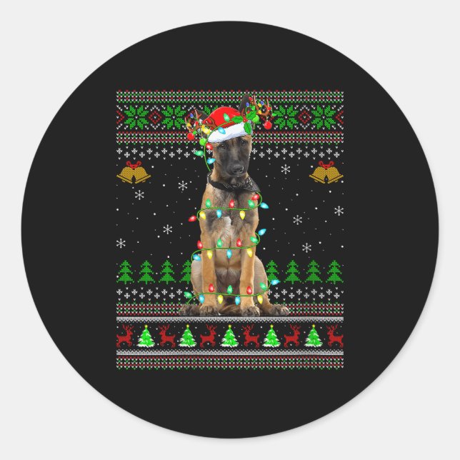 Womens Belgian Malinois Dog Ugly Christmas Sweater Runder Aufkleber (Vorderseite)