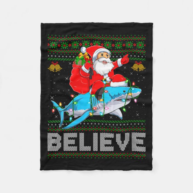 Womens Believe Xmas Funny Santa Riding Shark Ugly  Fleecedecke (Vorderseite)