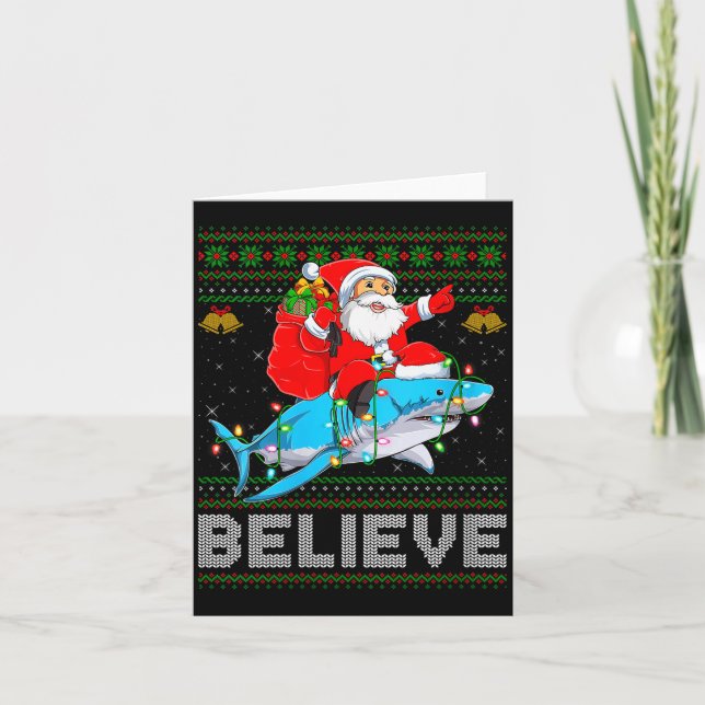 Womens Believe Xmas Funny Santa Riding Shark Ugly  Karte (Vorderseite)
