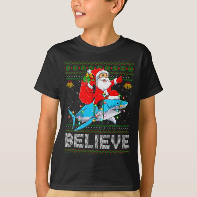 Womens Believe Xmas Funny Santa Riding Shark Ugly  T-Shirt (Vorderseite)