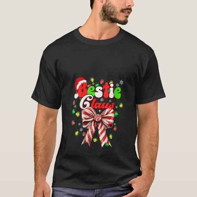 Womens Bestie Claus Coquette Bow Candy Cane Santa  T-Shirt (Vorderseite)