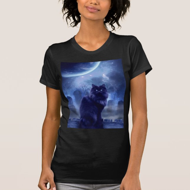 women's black cat and moon t-shirt (Vorderseite)