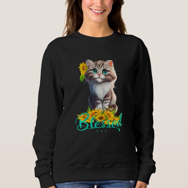 Womens Blessed Cute Tabby Kitty With Sunflowers Ch Sweatshirt (Vorderseite)