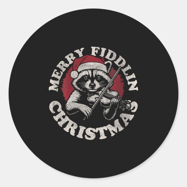 Womens Bluegr Holiday Raccoon Merry Fidding Christ Runder Aufkleber (Vorderseite)