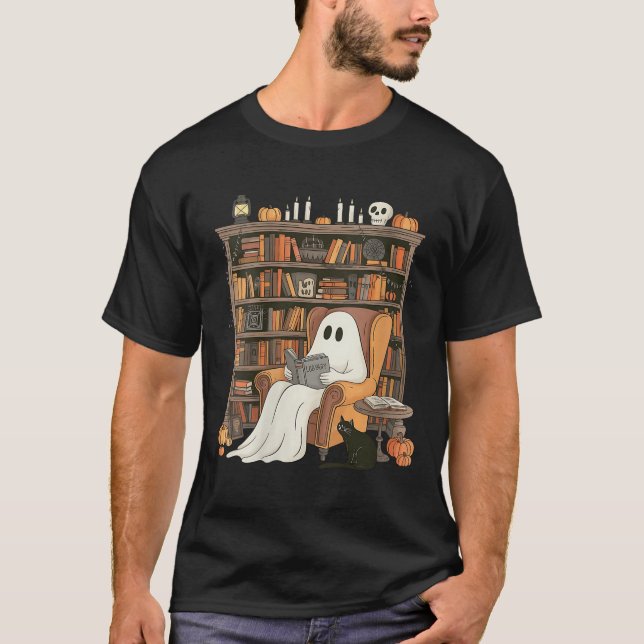 Womens Bookish Ghost Haunted Library Cat Bookworm  T-Shirt (Vorderseite)