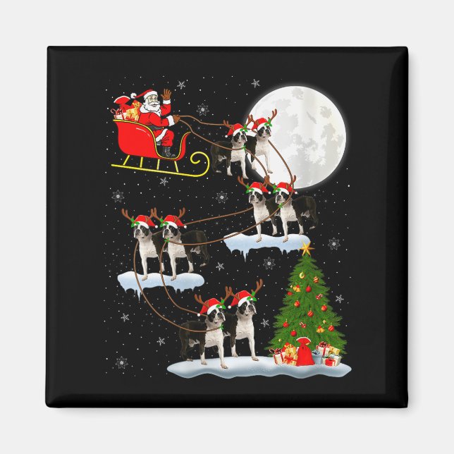 Womens Boston Terrier Dog Santa Sleigh Flying Funn Magnet (Vorne)