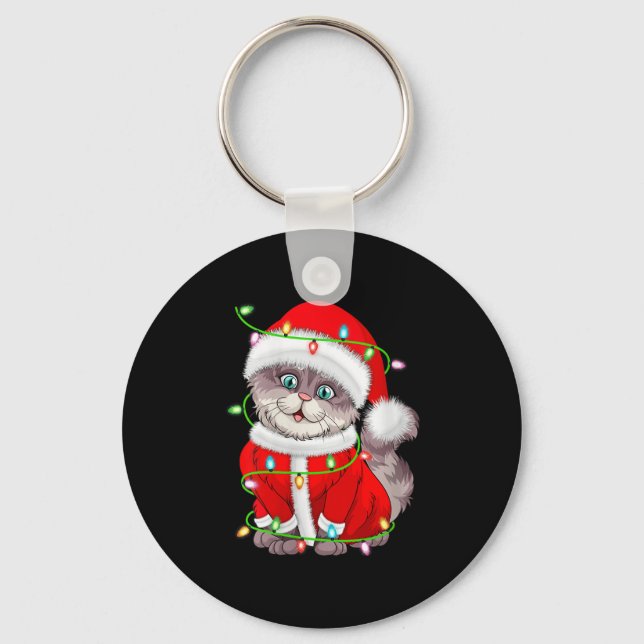 Womens Cat Christmas Lights Santa Costume Cute Ani Schlüsselanhänger (Vorderseite)