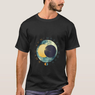 Womens Celestial Sun Meets Moon Phases Cosmic Spac T-Shirt