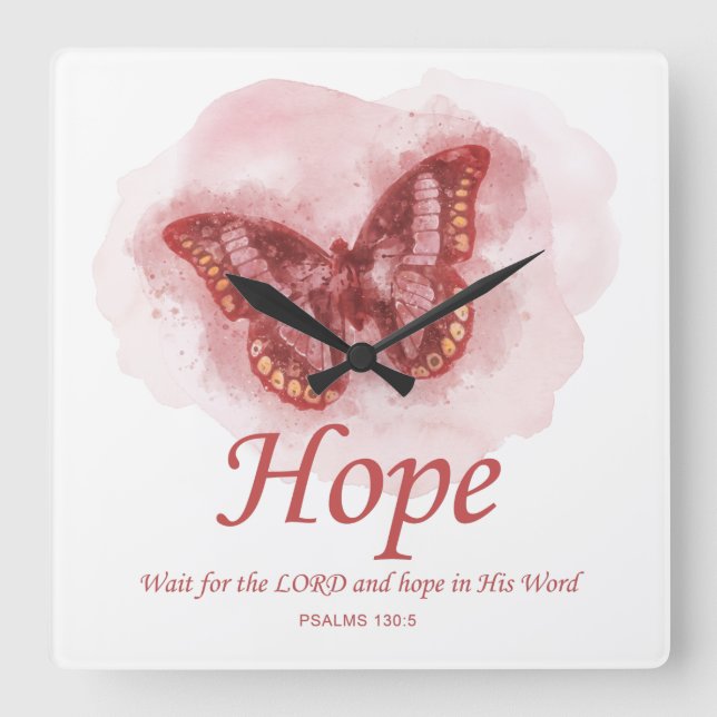 Women's Christian Butterfly Bibel Verse: Hope Quadratische Wanduhr (Vorderseite)
