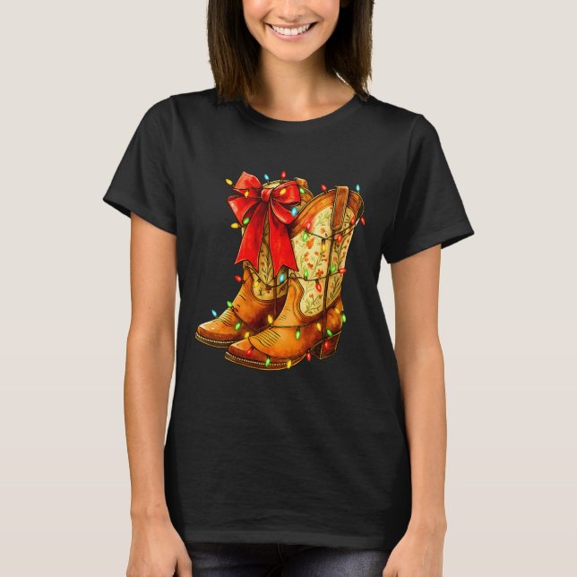 Womens Christmas Coquette Bow Cowgirl Boots Wester T-Shirt (Vorderseite)