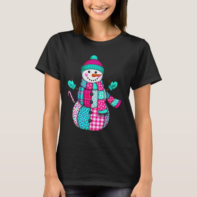 Womens Christmas Patchwork Snowman Preppy Retro Me T-Shirt (Vorderseite)