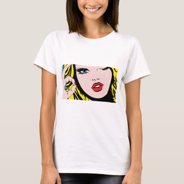 Women's Clothing - Comic Girl O-K Pop Art T - Shir T-Shirt (Vorderseite)