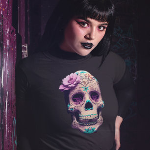 Womens Creepy Horror Gothic Candy Skull Blume T-Shirt