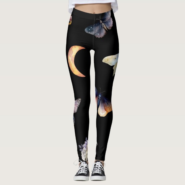 Women's Crystals & Moths Black Fashion Leggings (Vorderseite)