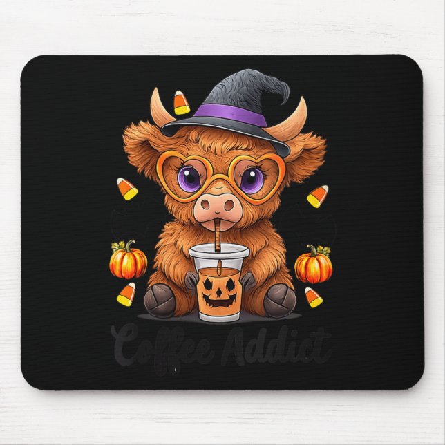 Womens Cute Cow Drinking Coffee Halloween Art V-ne Mousepad (Vorne)