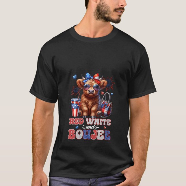 Womens Cute Red White And Boujee Highland Cow 4th  T-Shirt (Vorderseite)