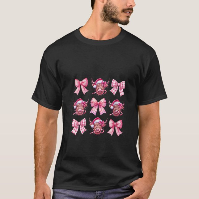 Womens Cute Santa Highland Cow Coquette Pink Bows  T-Shirt (Vorderseite)