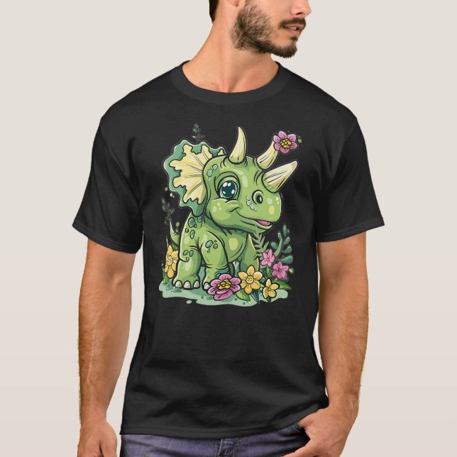 Womens Cute Triceratops Dinosaur With Flowers I Tr T-Shirt (Vorderseite)