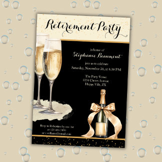 Women's Elegant Black Champagne Retirement Party Einladung
