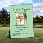 Women's Elegant Photo Tennis 50th Birthday Party Einladung<br><div class="desc">Honor a remarkable milestone with this beautifully designed 50th birthday party invitation. The soft green background highlights a replaceable photo, allowing you to personalize it with ease. The elegant script headline, “The queen of the court is turning fifty, ” adds a charming and celebratory feel. Event details are clearly arranged...</div>