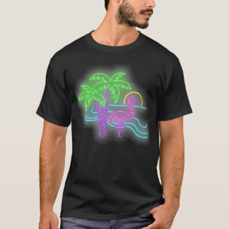Womens Flamingo Tropical Palm Tree 80s Vintage Gif T-Shirt