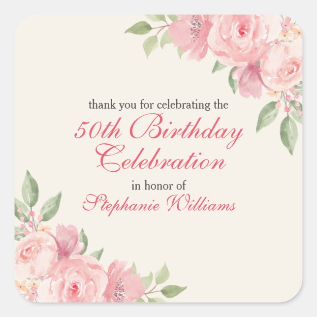 Women's Floral Elegant Rose 50th Birthday Party Quadratischer Aufkleber (Vorderseite)