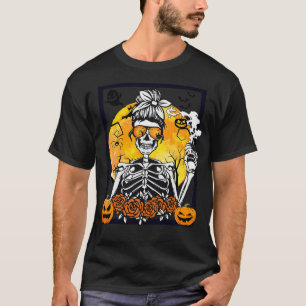 Womens Floral Pumpkin Skeleton Messy Bun Drinks T-Shirt