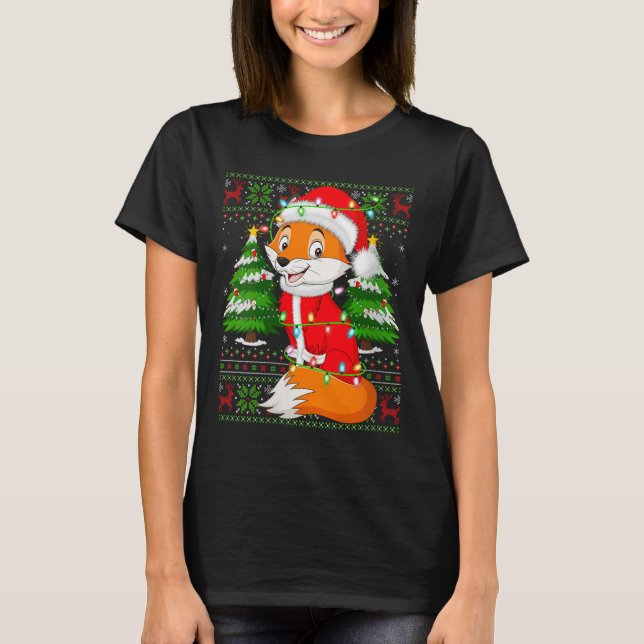 Womens Fox Christmas Lights Santa Costume Ugly Xma T-Shirt (Vorderseite)