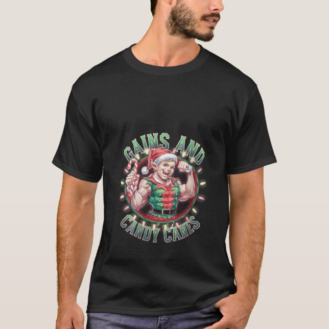 Womens Funny Christmas Elf Gym Workout Gains and C T-Shirt (Vorderseite)