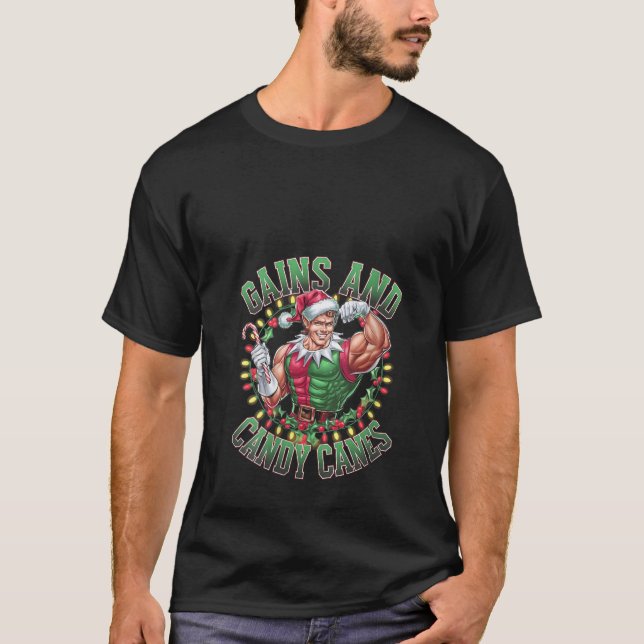 Womens Gains and Candy Canes Funny Christmas Elf G T-Shirt (Vorderseite)