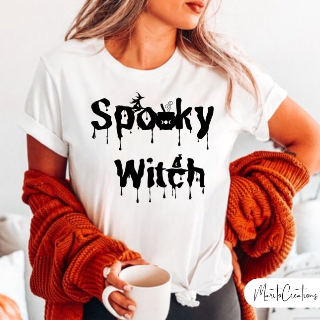 Women's Halloween Black and White Spooky Witch T-Shirt (Spooky Witch)