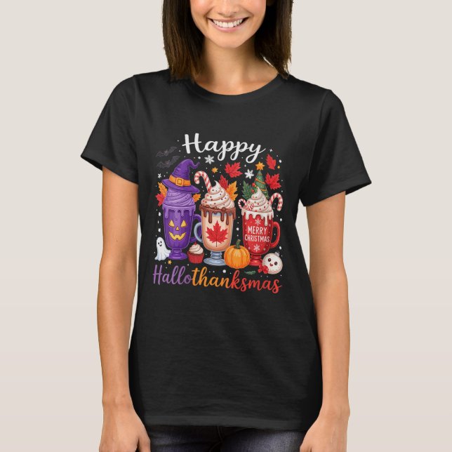 Womens Happy Hallothanksmas Coffee Lover Halloween T-Shirt (Vorderseite)