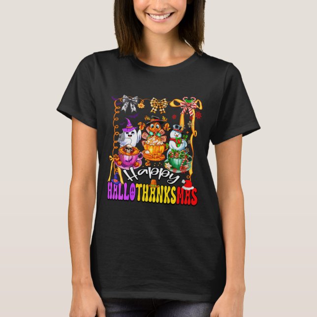 Womens Happy Hallothanksmas Coquette Bow Coffee La T-Shirt (Vorderseite)