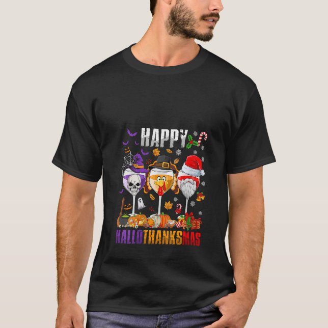 Womens Happy Hallothanksmas Wine Halloween Thanksg T-Shirt (Vorderseite)