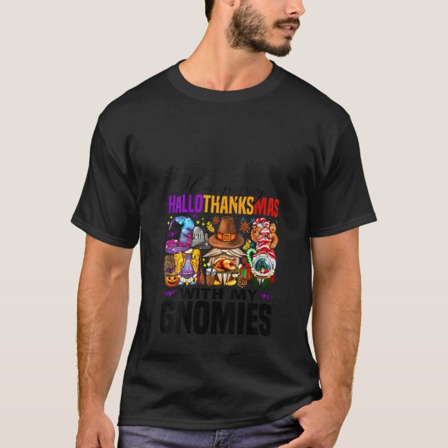 Womens Happy Hallothanksmas With My Gnomies Gnome  T-Shirt (Vorderseite)