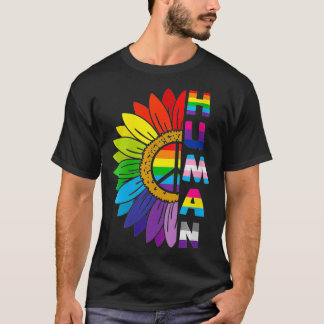 Womens HUMAN Sunflower LGBT Flag Gay Pride Month P T-Shirt