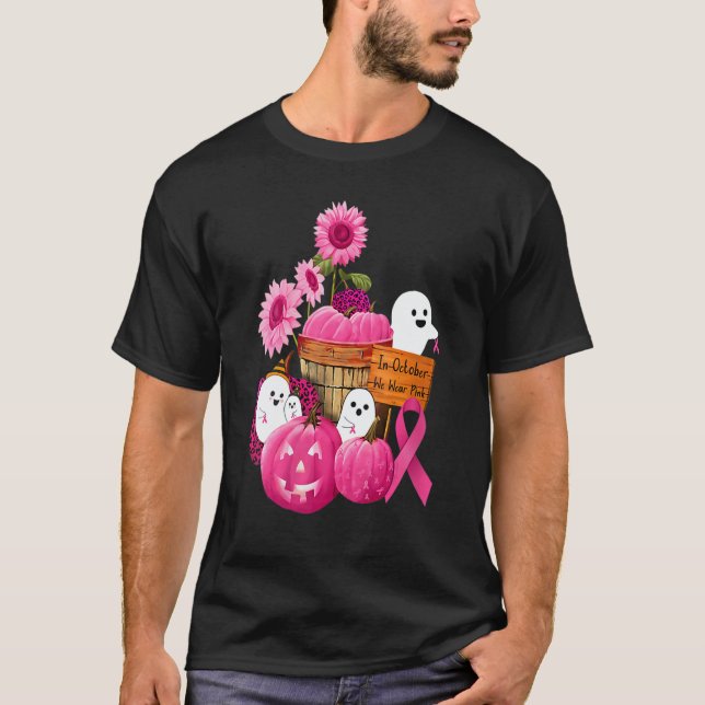Womens In October We Wear Pink Ghosts & Pumpkins F T-Shirt (Vorderseite)