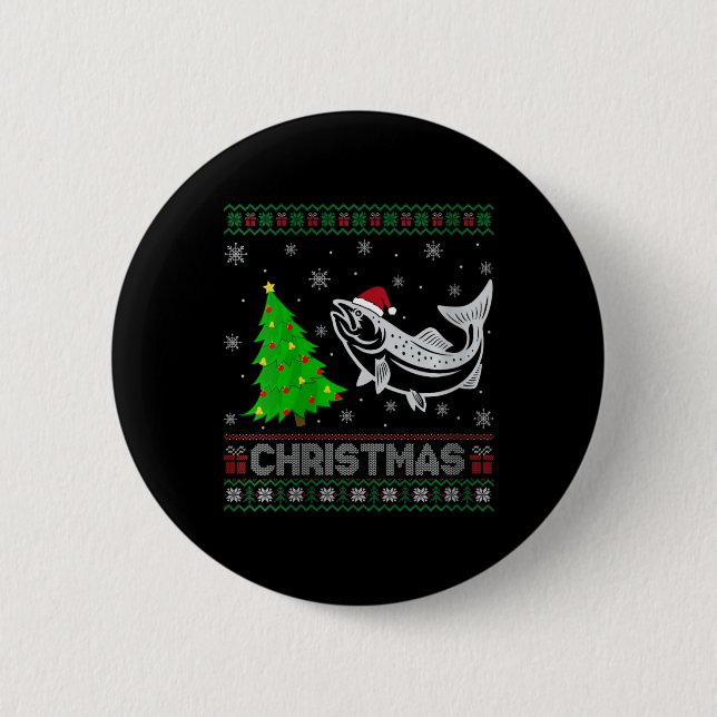 Womens Lachs Xmas Tree Lighting Ugly Weihnachtssch Button (Vorderseite)