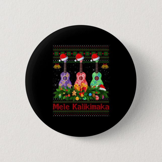 Womens Mele Kalikimaka Ukulele Guitar Ugly Xmas Sw Button (Vorderseite)