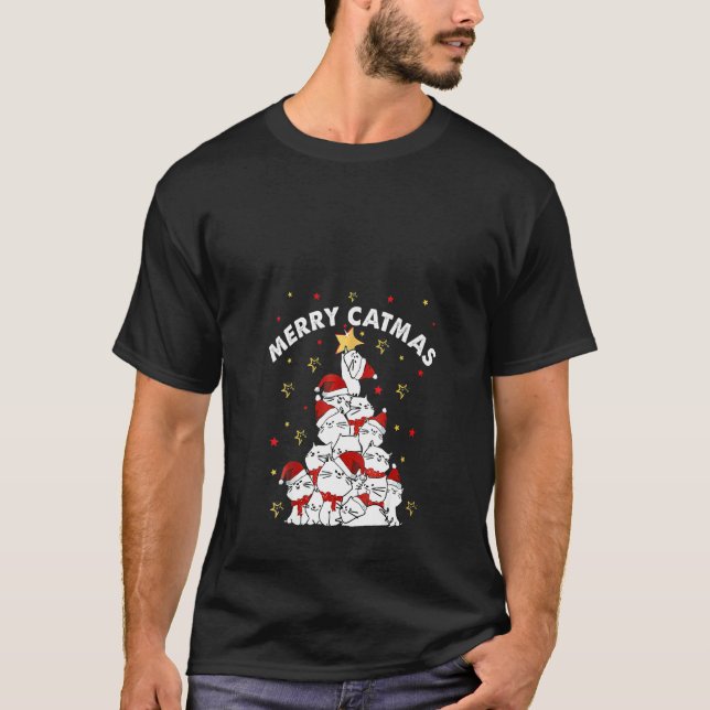 Womens Merry Catmas Cat Wear Weihnachtsmannmütze D T-Shirt (Vorderseite)