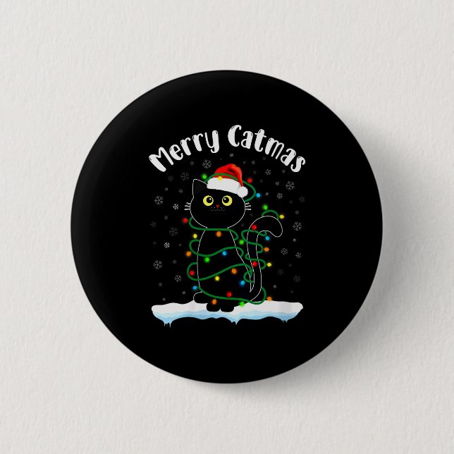 Womens Merry Catmas Cat Wearing Santa Hat Black Ca Button (Vorderseite)