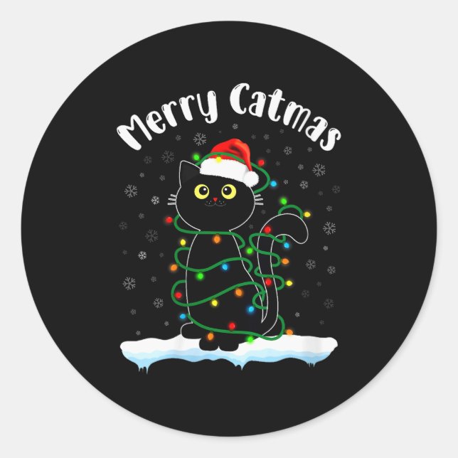 Womens Merry Catmas Cat Wearing Santa Hat Black Ca Runder Aufkleber (Vorderseite)