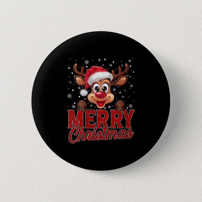 Womens Merry Christmas Rudolph Reindeer Santa Hat  Button (Vorderseite)