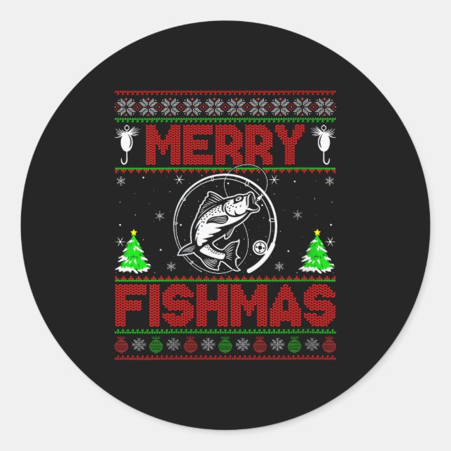 Womens Merry Fishmas B Fish Fishing Ugly Christmas Runder Aufkleber (Vorderseite)