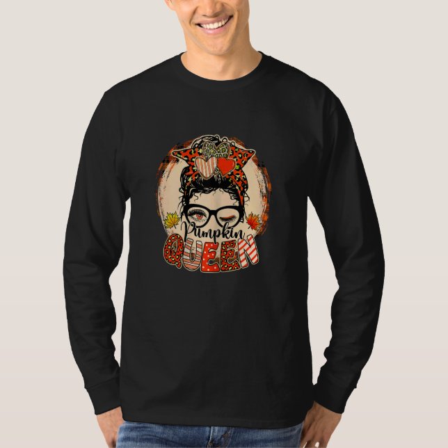 Womens Messy Bun Fall Pumpkin Queen Fall Autumn Th T-Shirt (Vorderseite)