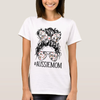Women's Messy Bun Mama Aussie Mama Glasses Funny D T-Shirt