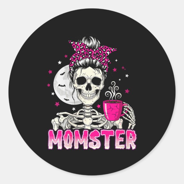 Womens Momster Skull Mom Coffee Lover Halloween Me Runder Aufkleber (Vorderseite)